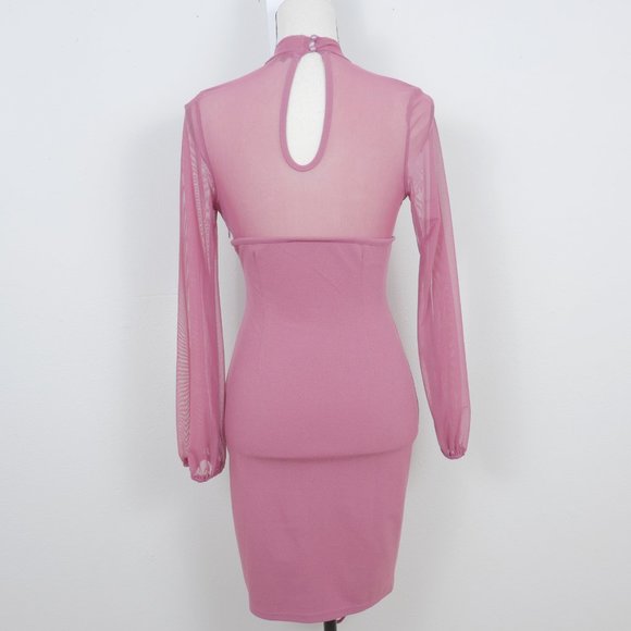 Iris Mauve Pink Sheer Mock Neck Long Sleeve Corset Lace Up SZ S Sexy Y2K Dress - Picture 14 of 14